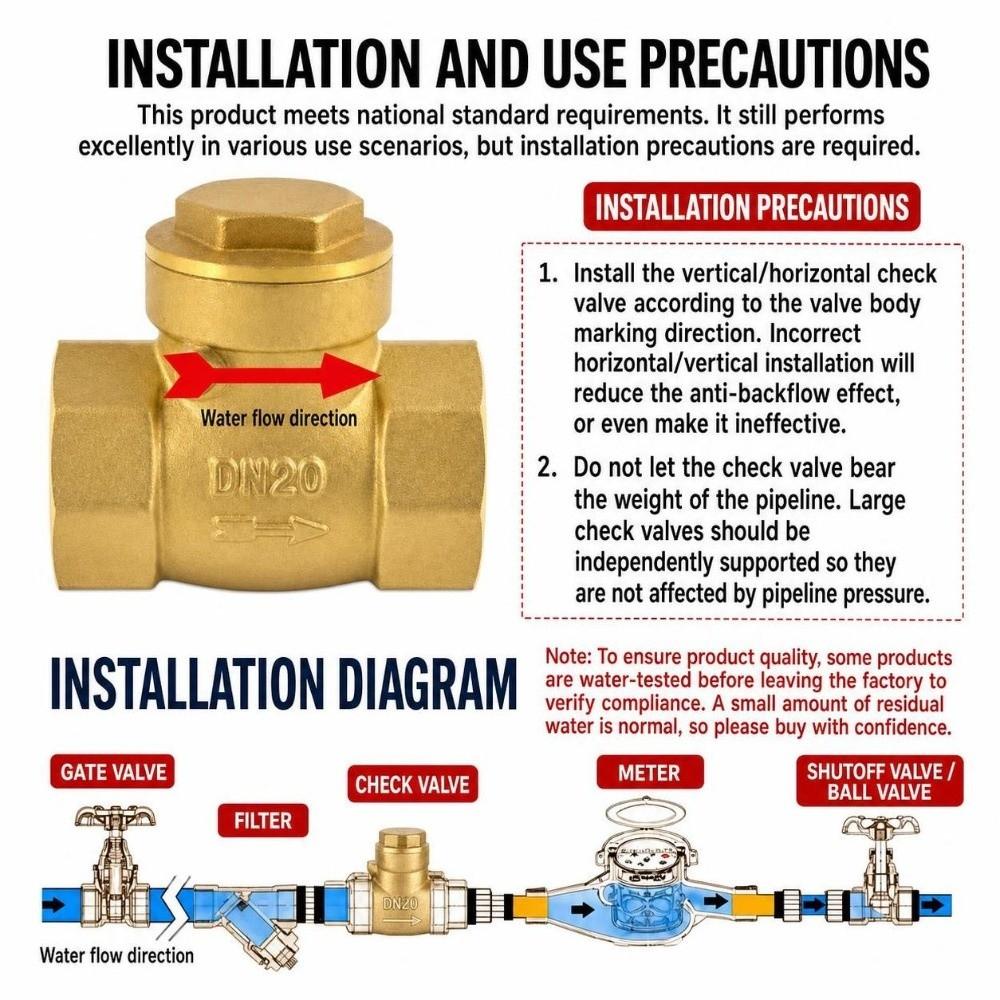 1/2" 3/4" 1" 1-1/4" 1-1/2" 2" Swing Check Valve BSP One Way Valve Durable Brass Check Valve