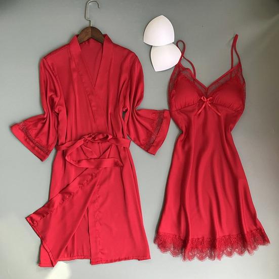Set Pigiama e Vestaglia da Notte per Donna con Bordi in Pizzo Mini Abito da Notte e Vestaglia a 3/4 Set Pigiama 2 Pezzi Camicia da Notte Sexy Biancheria da Notte per Sposa