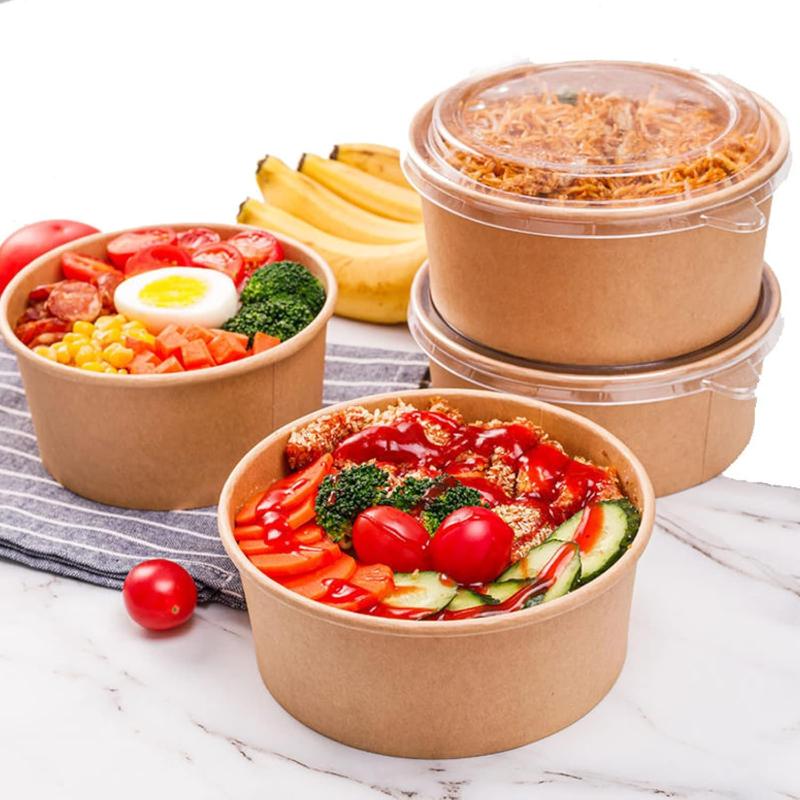 Kraft Paper Round Food Boxes with Clear Anti-Fog OPS Lids 25 Pack Heavy Duty Disposable for Food Truck Takeout Picnic Party Supplies