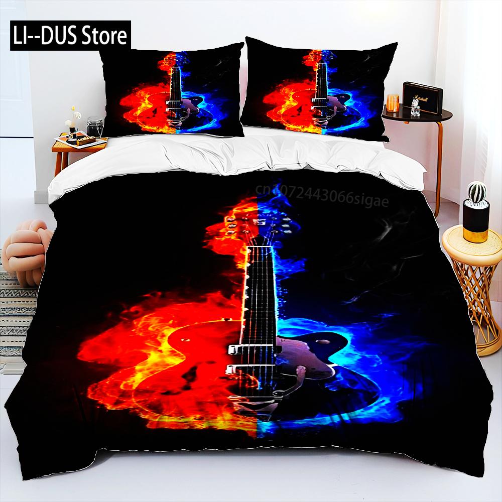 Juego de Cama de Guitarra Clásica 3D Guitarra Eléctrica Música Punk Rock Juego de Funda Nórdica Funda de Edredón Tamaño Queen Para Niños Niños Hombre Joven