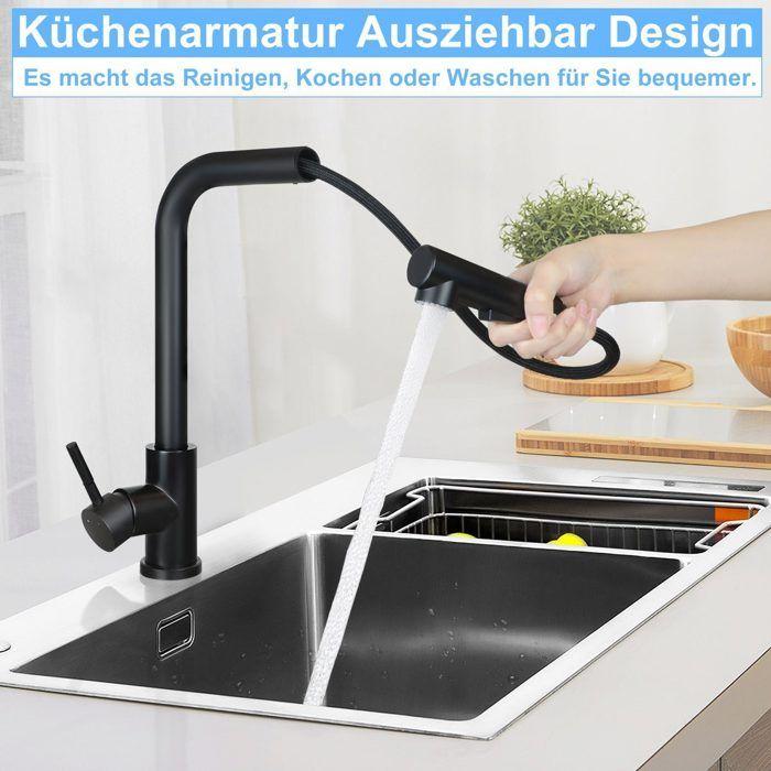 Robinet de cuisine - NETTLIFE - Modèle extensible - Noir - Bec rétractable - Douchette extractible