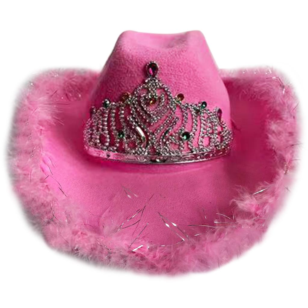 Wedding Party Cowboy Hat Adult Woman LED Feather Tinsel Brim Hat Fedoras Felt Cowboy Hat with Rhinestone Crown Decor