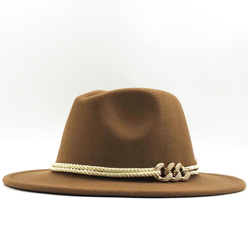 Black Wool Felt Jazz Fedora Hats Belt Buckle Decor Women Unisex Wide Brim Panama Trilby Cowboy Cap Sunhat