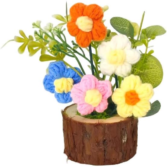 Handmade Crochet Sunflower Bouquet in Pot-Charming Knitted Creative Mini Flower Bouquet,Forever Blooming Home Desktop Decor or Gift for
