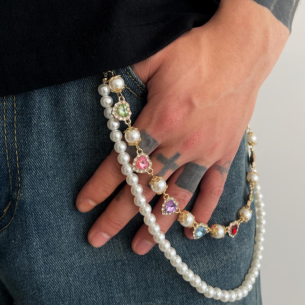 Design Imitation Pearl Flower Chain Trouser Chain, Hip-Hop Color Diamond-Encrusted Cross Waist Chain Pendant