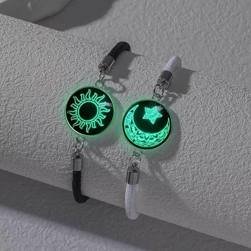 Pulseira Luminosa de Casal Sol e Lua - Design Trançado Feito à Mão