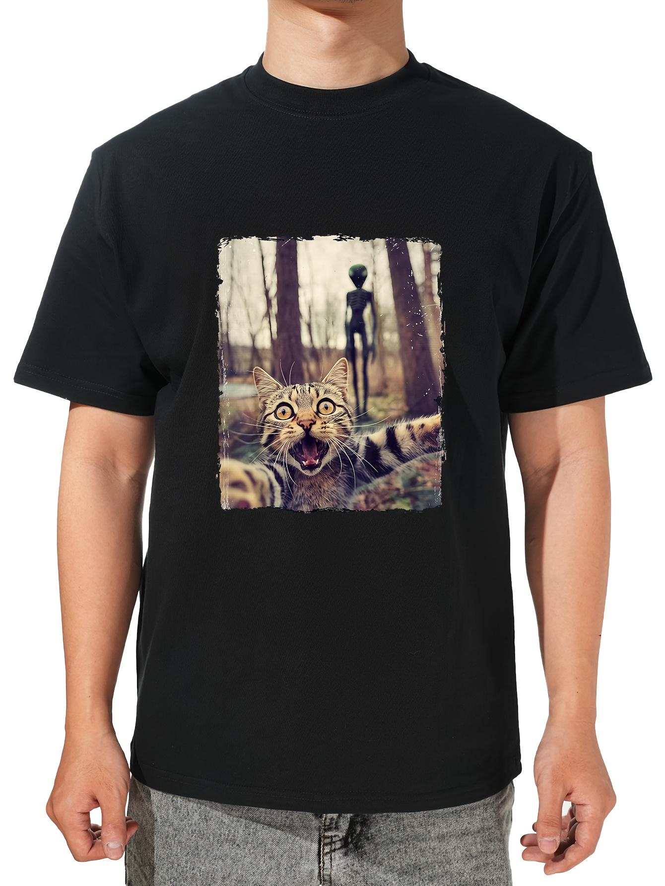 Смешная Кошка Селфи Инопланетянин НЛО Графика Мужская Футболка Дышащий Хлопок Круглый Вырез Футболка Слегка Эластичная Обычная Посадка S