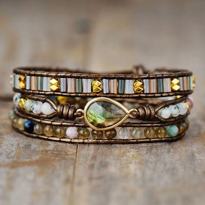 BLINGBAY Damenarmband Neu Labradorit Retro Ethnischer Stil Tropfenförmiges Armband Handgewebte 3-lagige Lederkette Modeschmuck Mädchenschmuck Geschenk