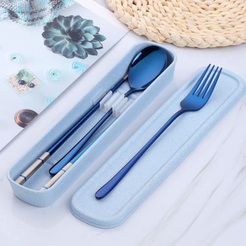 Do Buy Trio Set: Chopsticks, Spoon, and Fork, 3-Piece Set, Made of 18-8 Stainless Steel with a Stylish Wheat Container, 23cm Laser Chopsticks, Titaniu