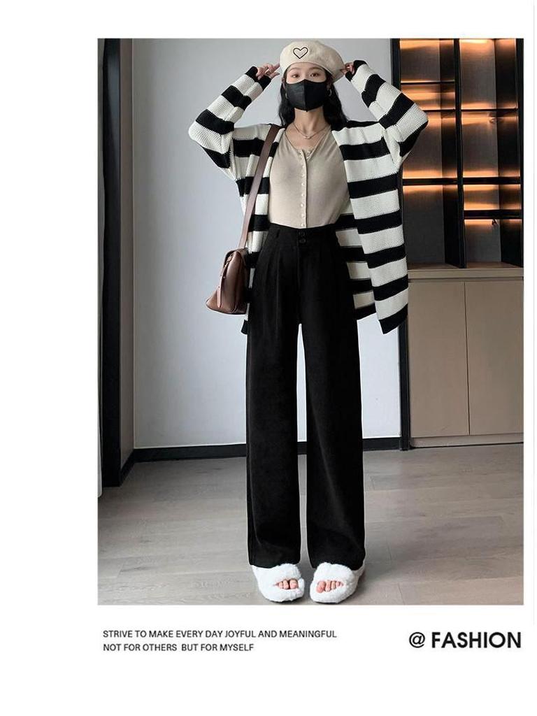 Women's Black High-Waist Cotton Plush Pants - Autumn/Winter 2026 Korean Style, Slim Straight Wide-Leg, Drapey.