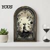 Desktop Halloween Ornament Arched Wooden Wall Decor, Ghost Cat Double-Layer Hanging Ornament, Distressed Gothic Dark Floral Art Tabletop Decor Plaque,