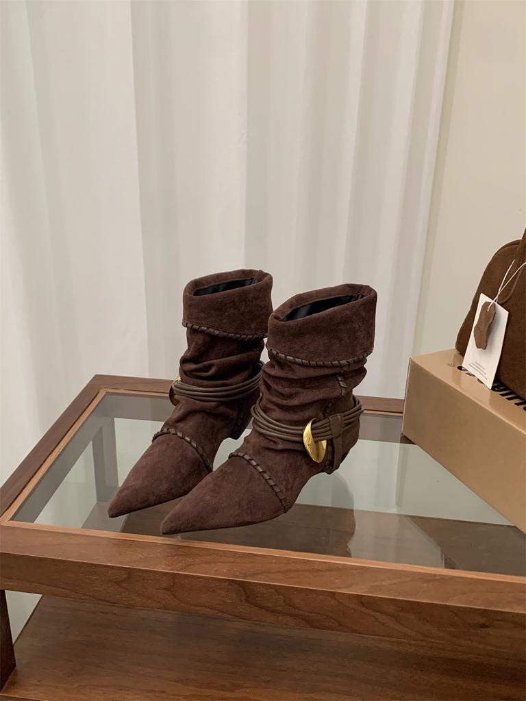 Thick Heel Pointed Suede Pile Boots Medium Knight Boots Women's Boots Autumn Winter Western Cowboy Skinny Boots