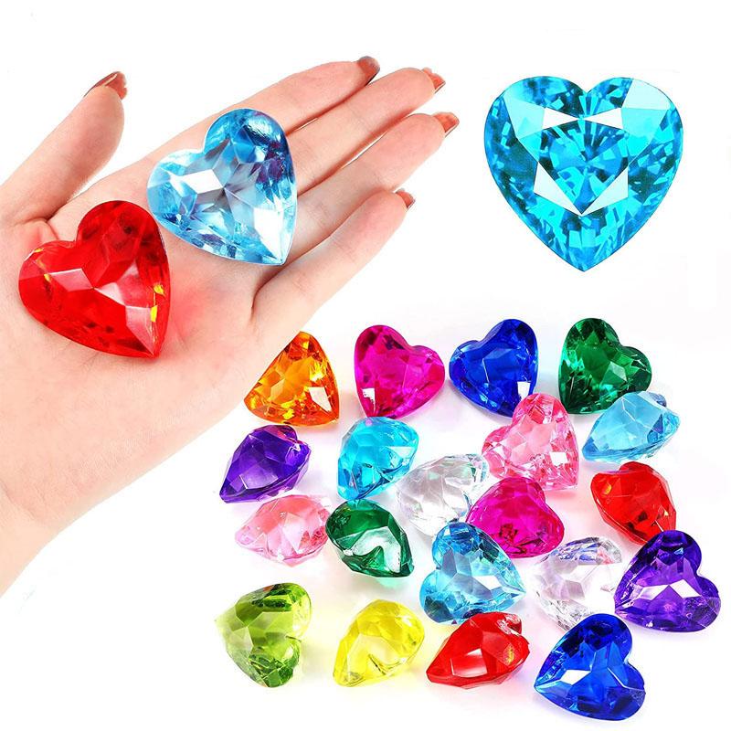10Pcs Big Heart Shaped Acrylic Diamond Gems Jewels Pirate Treasure Chest Hunt Party Favors For Kids Birthday Halloween Gifts