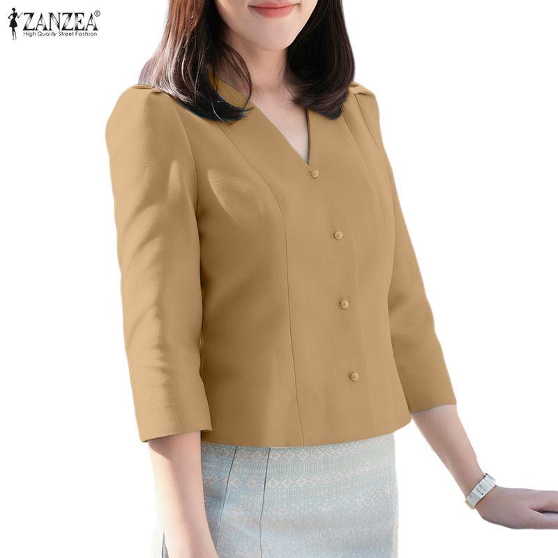 ZANZEA Women Casual V-Neck Solid Color 3/4 Sleeve Blouse