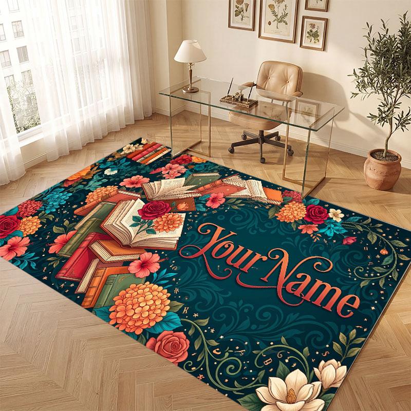 Floral Garden Theme Crystal Velvet Floor Rug Personalized Custom Name Text Warm Carpet Home Decoration