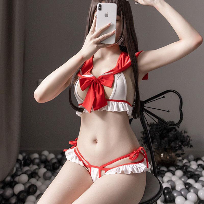 Cosplay Student Uniform Erotic Bra And Panty Set Women's Bow Open Bra Sexy Lingerie Set Nightdress Sexy Costumes