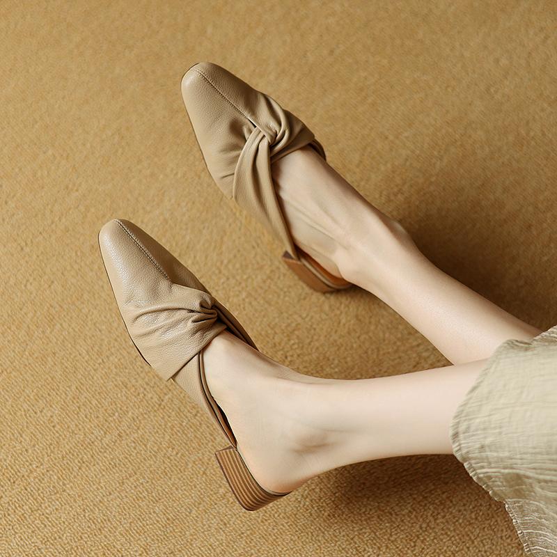 Women Mule Slippers Concise Style Simple High Heels Shoes Cow Leather Square Toe Mules 2024 New Spring Women Outdoor Slippers