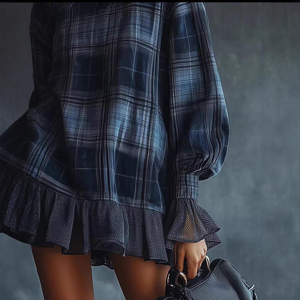 Women's Plaid High Neck Top and Shorts Set with Bell Sleeves and Ruffle Hem