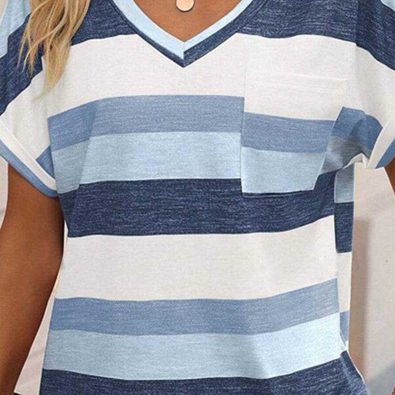 Summer Women Casual Comfortable Striped V-Neck Multi-Color Short Sleeve T-Shirt