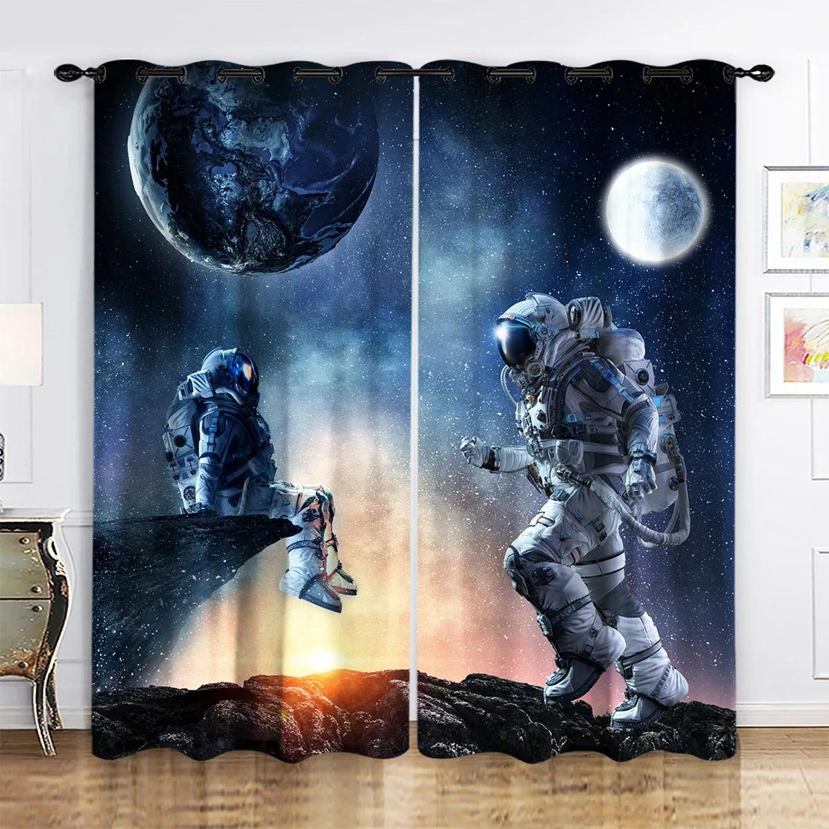 

2 панели астронавт космос вселенная звездное небо межзвездная галактика красочный карниз для штор карманный занавес для гостиной офис дом (50Wx50H)x2(CM)&Rod Pocket
