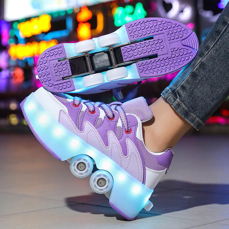 Kids Roller Roller Shoes 4-wheel Deformation Shoes Roller Skates Adult Rechargeable LuminousSkating Shoes