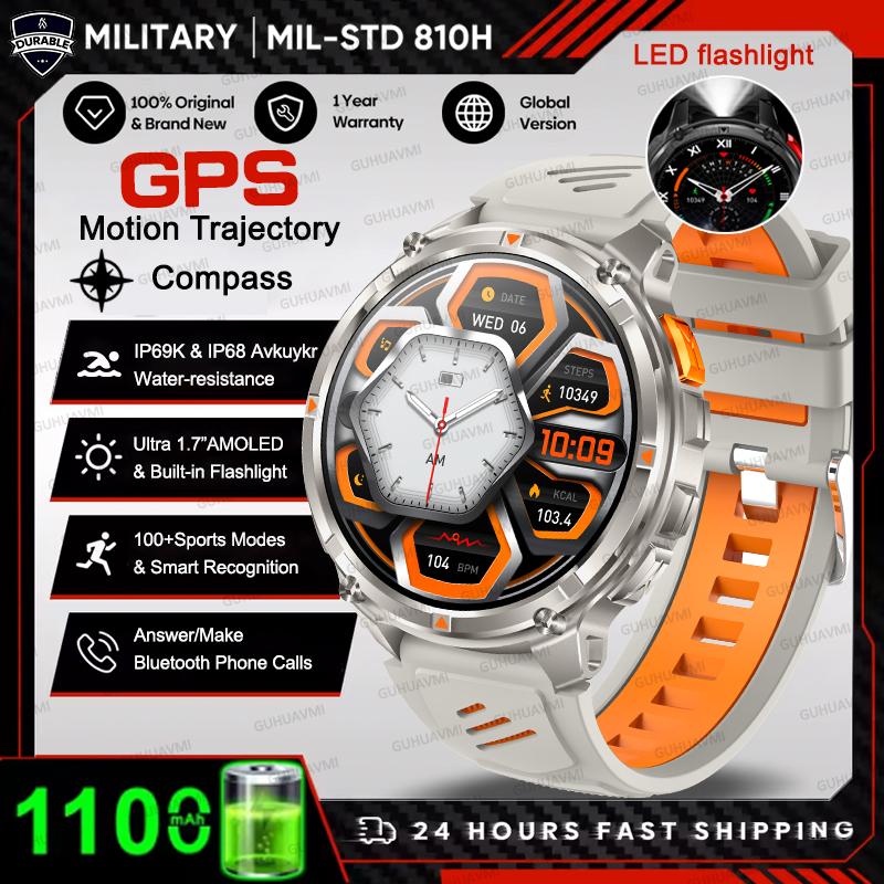 1100mAh Large Battery Durable Adult Smart Watch GPS Strong Flashlight 10ATM Waterproof BT Call Sport Smartwatch Men