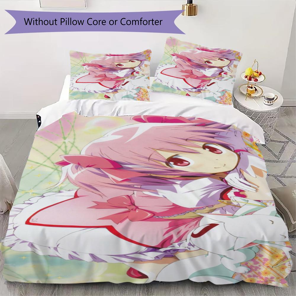 Puella Magi Madoka Magica Pattern Bedding,Quilt Set Quilt Cover Pillowcase Home Birthday Gift(1 * Duvet Cover + 2 * Pillowcase, Without Core)_lx