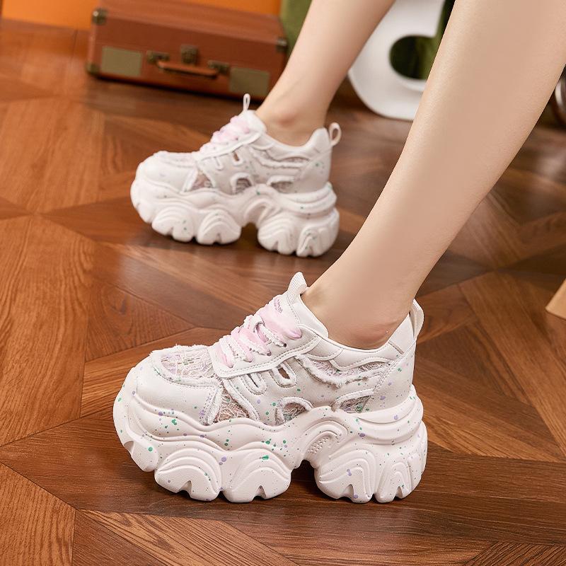 Fashion 9CM Air Mesh Microfiber Leather High Brand Comfy Shoes Sandals Women Platform Wedge Fashion Summer Chunky Sneaker Lace Up