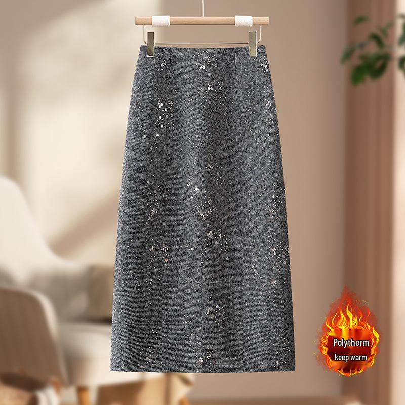 Sequined Woolen High-Waist Straight Skirt for Women