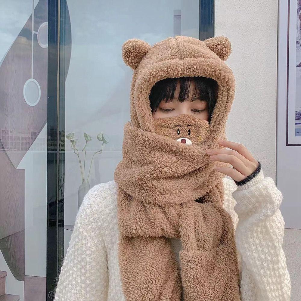 With Mask Korean Cap Bear Ears Ear Protection Winter Gloves Lamb Fleece Hat Scarf Women Plush Hat