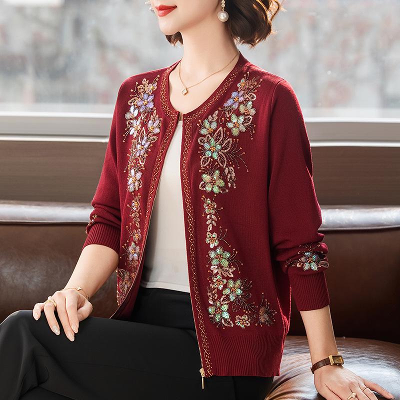 Women's Autumn/Winter Heavy Knit Cardigan with Butterfly Flower Embroidery & Hand Beading