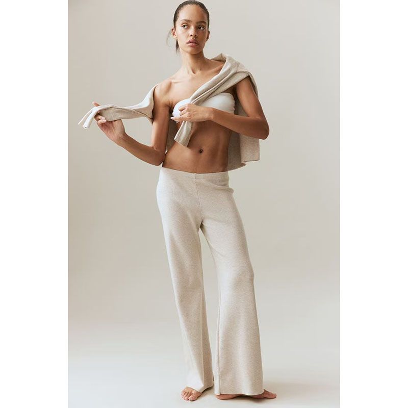 Home Spring New Foreign Trade European and American H Home Plus Size Women Clothing High-Waisted Trousers Knitted Trousers Wide Leg Pants Slim