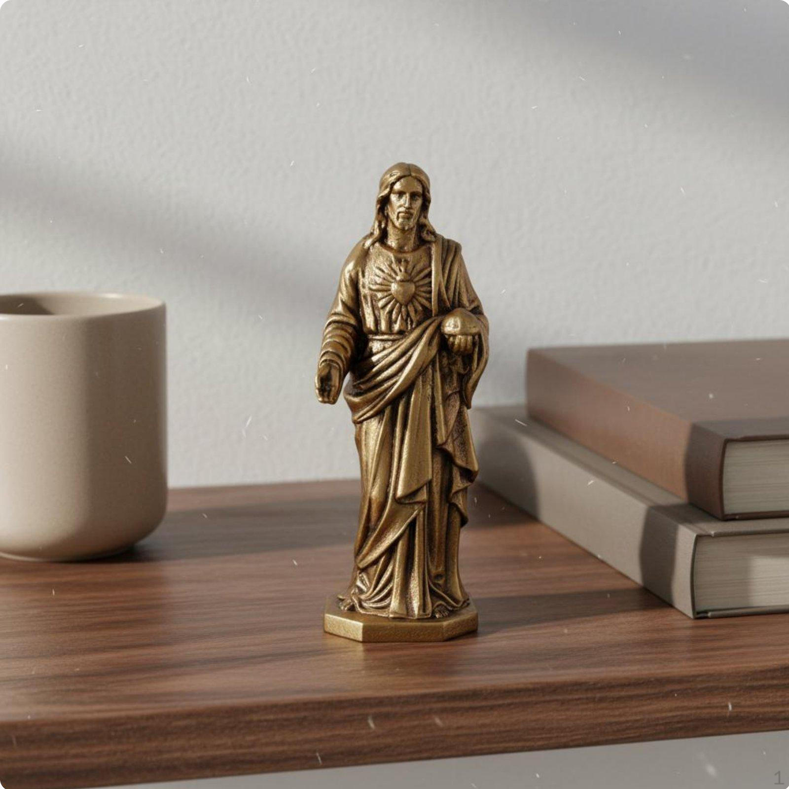 Sacred Heart of Jesus Statue Handcrafted Small Brass Religious Sculpture Figurine Miniature
