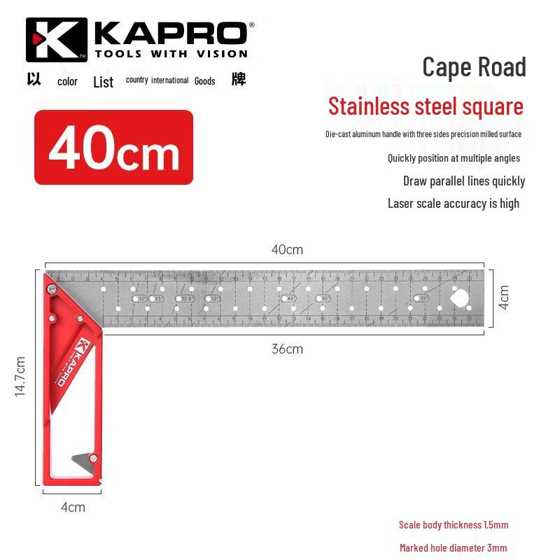 Cape Road 353 Acier Inoxydable Angle Droit 45°/90° Règle de Traçage et de Marquage pour le Travail du Bois