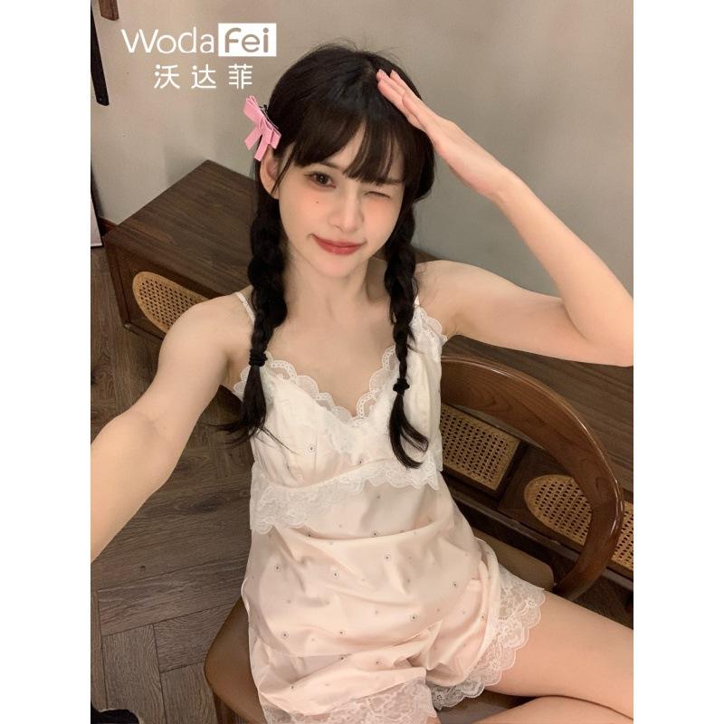 Lace sexy camisole shorts, satin set, pure and alluring style, with bra pads, ice silk slip dress, spring/summer new pajamas for women