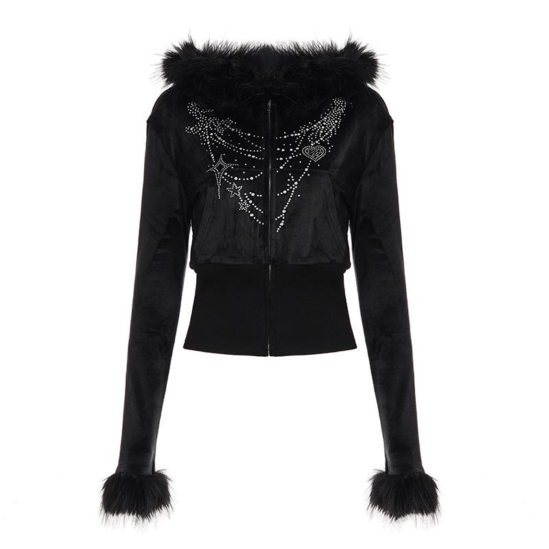 2025 Fall/Winter European Furry Hoodie & Rhinestone Sweatpants Set