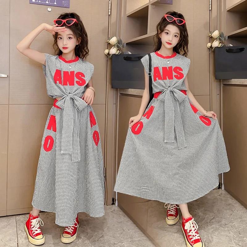 Sommer Set für Mädchen Mittel-Groß Kind Ärmellos Rundhals Pullover Oberteil + Rock Leichte Zweiteilige Garnitur