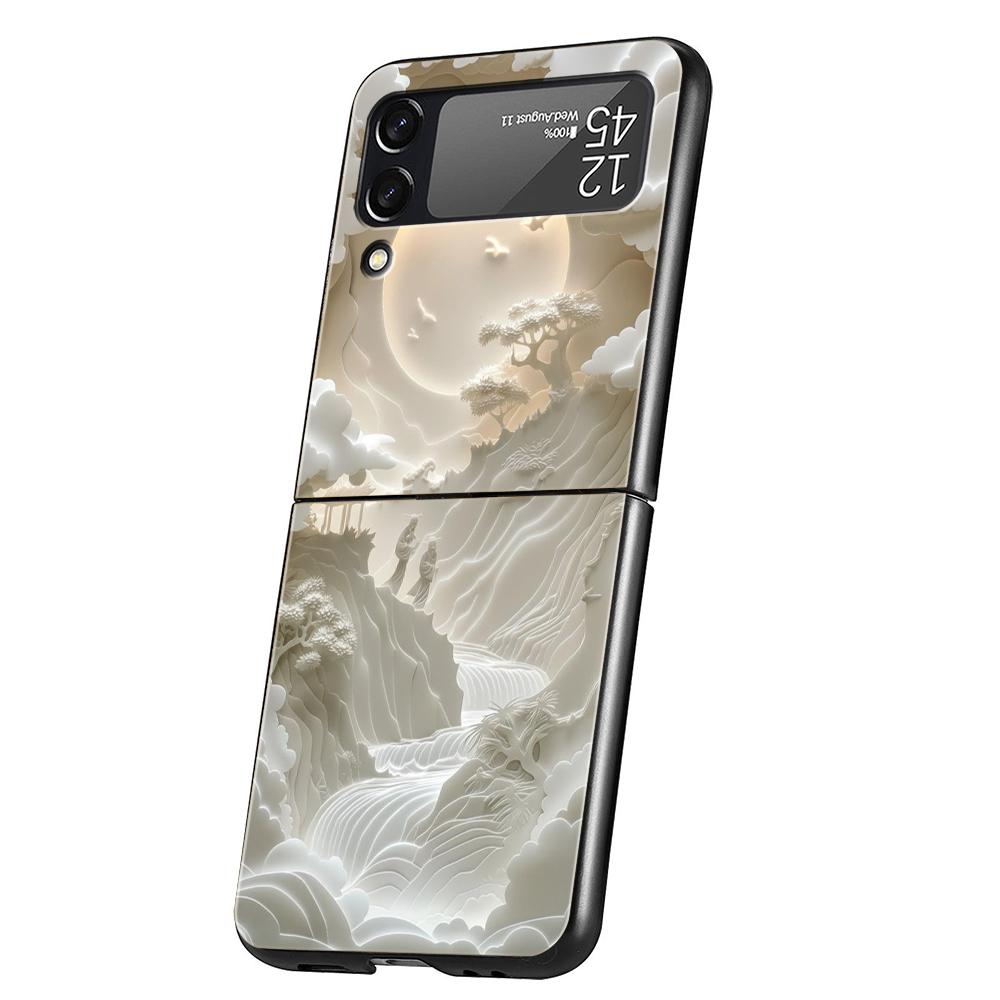 Chinese Style Landscape Hard PC Phone Case For Samsung Galaxy Z Flip 7 6 5 4 Black Cover For Galaxy Z Flip 3 Foldable Capas Bags