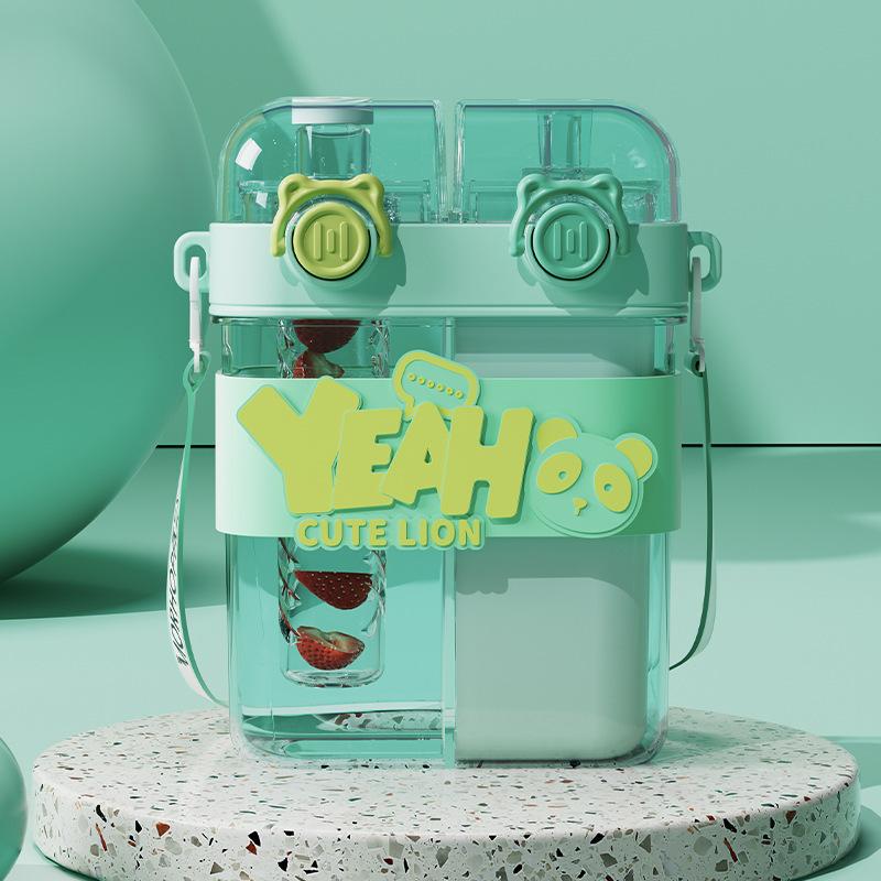 Grid Large-capacity Double Drinking Cup Children's Water Cup Student with Straw Drinking Cup Cartoon High-value Outdoor Portable Cup