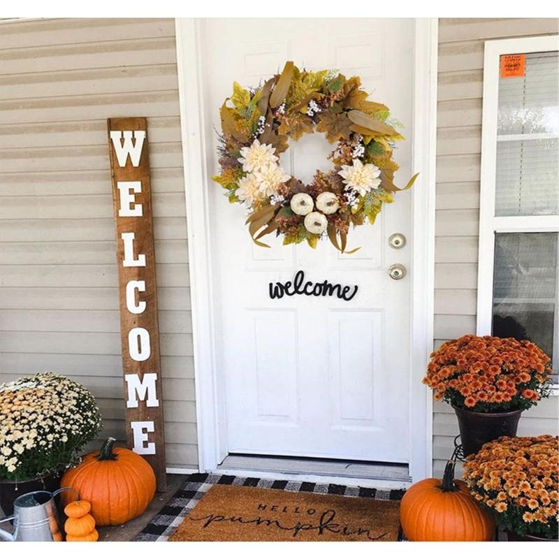 Artificial Wreath with Pumpkins , Autumn Wreath Harvest Day Wreath for Front Door Garden Thanksgiving Holiday Decoration
