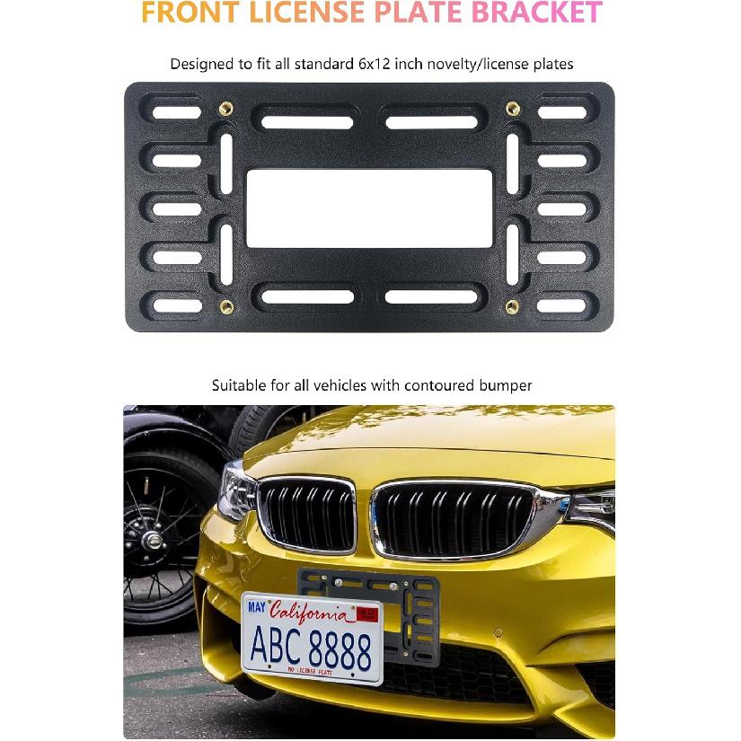 Front License Plate Holder Bracket - Black Universal ABS Mounting Kit Frame with Copper Thread, Screws & 4 Stainless Steel Ties for Front Bumper