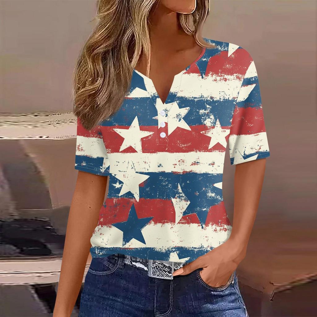 Women's T Shirt Tee Independence Day Print Button Short Sleeve Daily Weekend Fashion Basic V-Neck Regular Top
