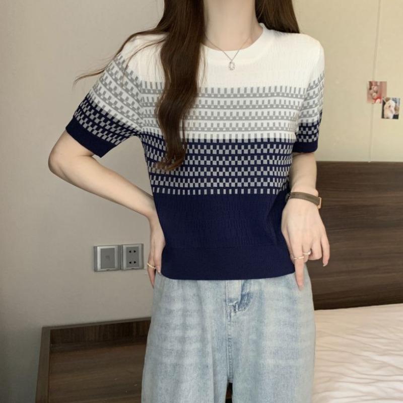 Women's Striped Color Block Knit T-Shirt, Short Sleeve Crew Neck Casual Knitwear Top