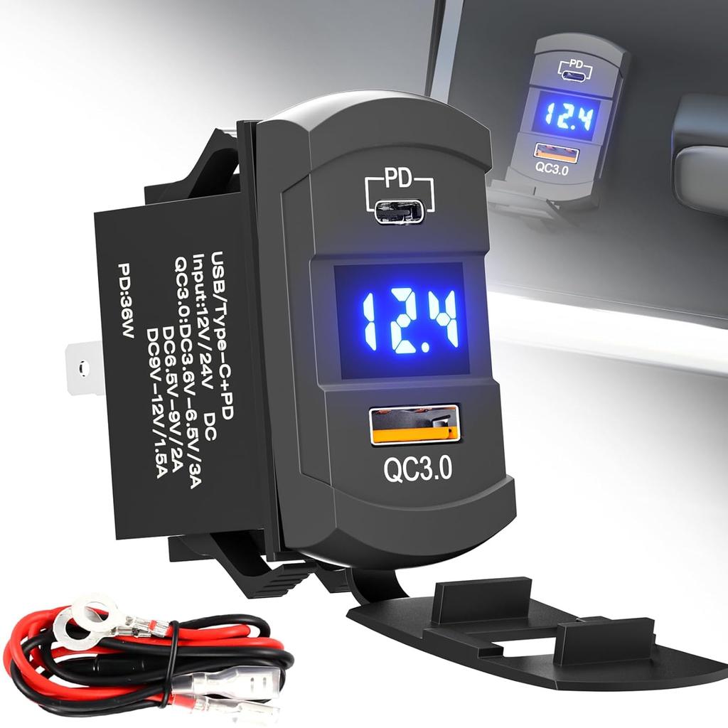 Rocker Type Charger Socket Type-C PD + USB QC 3.0 Charger + Voltmeter with Waterproof Cover 12V/24V Blue Led for Rocker Switch Switch Panel On Marine