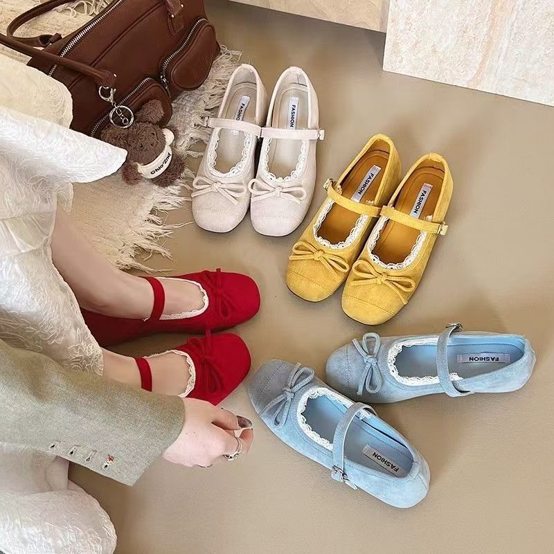 Evening shoes Gentle bow Mary Jane single shoes Women's shoes Inner height increase Spring soft-soled French shoes Ballet shoes