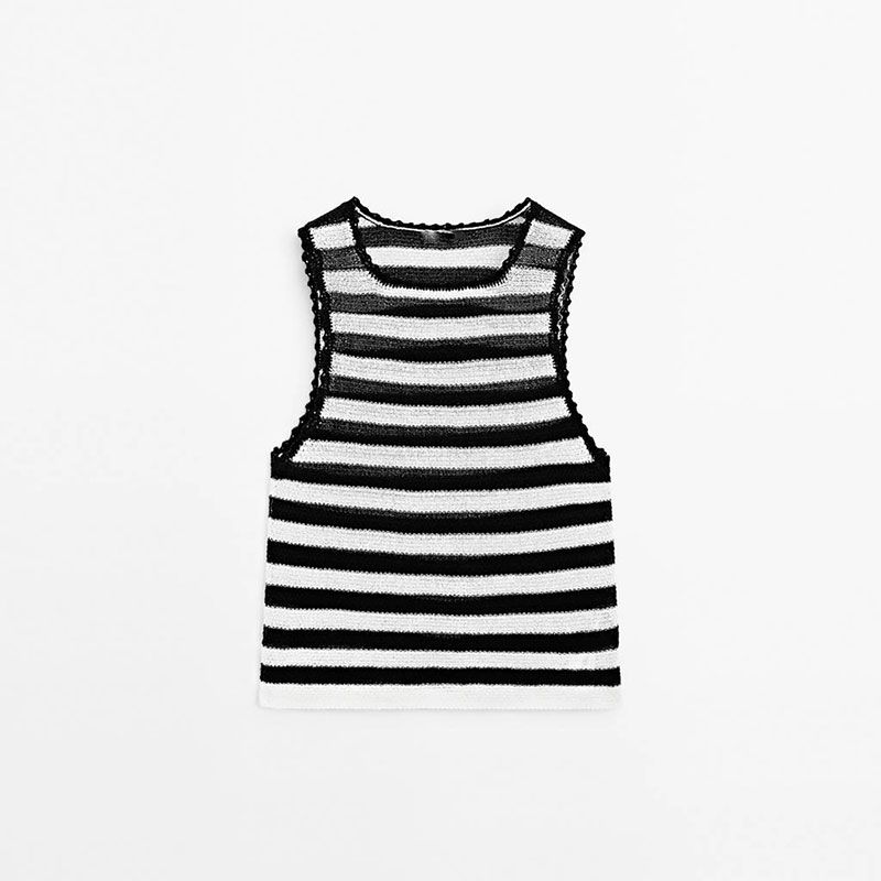 MD Women clothes Navigation Series Black and White Stripe Lace Knitted I-Shaped Vest Sleeveless T-shirt Top Tide 06811701800
