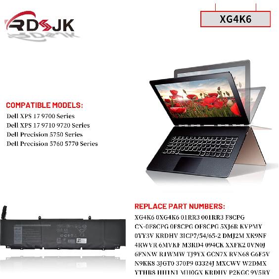 

XG4K6 01RR3 F8CPG 5XJ6R Акумулятор для ноутбука Dell XPS 17 9700 9710 9720 9730 Precision 5750 5760 5770 Серії XPS 17-9700-D1741S 17-9700-D1761TS 0XG4K6