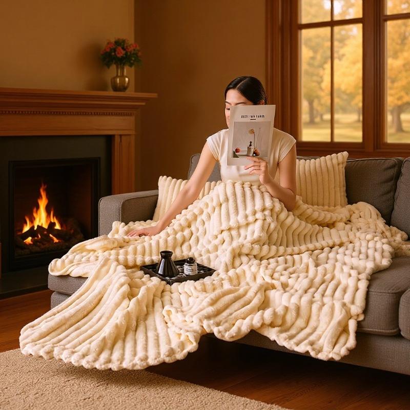 2026 New Milk Fleece Blanket Ribbed Design All Day Soft for Nap Sofa Cozy Comfort Essential