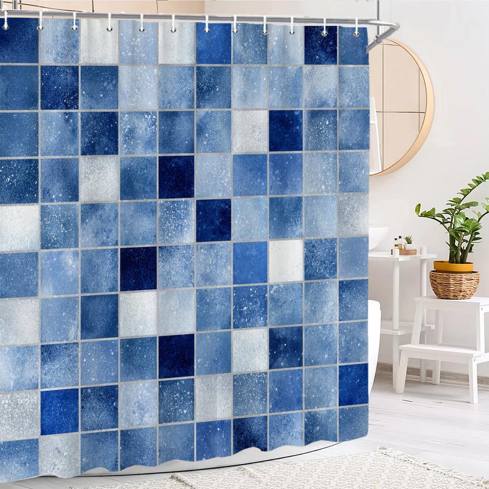 

Modern Simple Mosaic Shower Curtain, Blue Plaid Pattern Bathroom Decorative Shower Curtain, Waterproof Shower Curtain With Hooks W60H190(CM)-1 Pcs