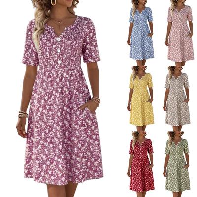 Damen Midi-Kleid mit Blumendruck, V-Ausschnitt und kurzen Ärmeln